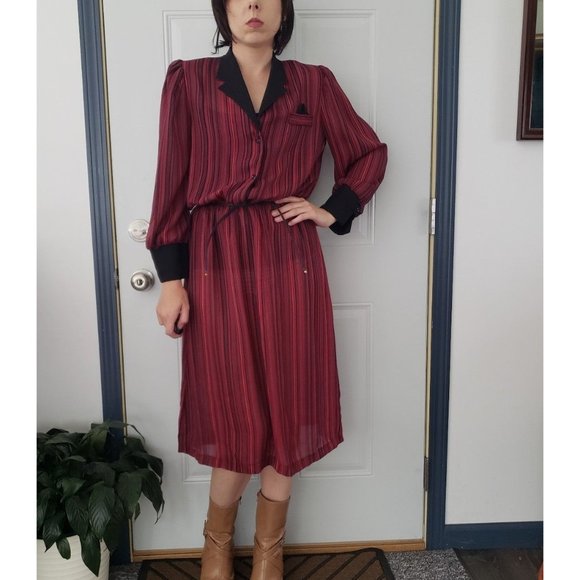 Vintage Dresses & Skirts - 70s Red and Black Striped Day Dress‎